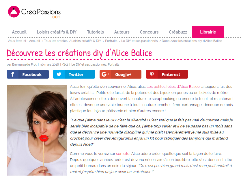 Alice Balice | Revue de presse | Portrait Creapassions