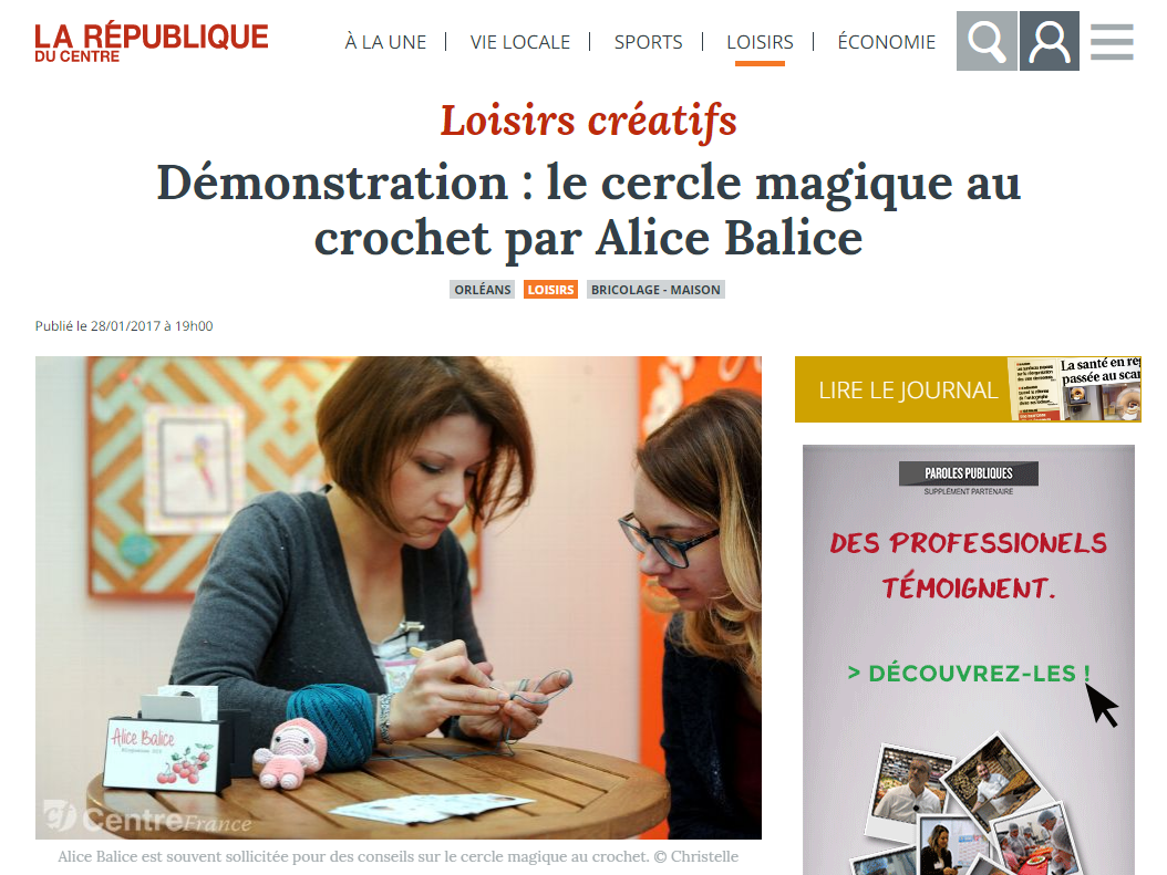 Alice Balice | Revue de presse | La République du centre | Démo cercle magique | crochet
